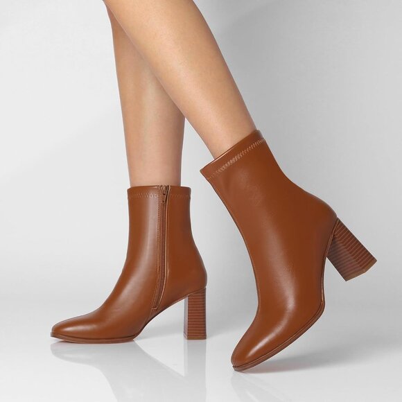 Women's Brown Chunky Block Heel Square Toe Side Zipper Short Booties - Picture 9 of 9